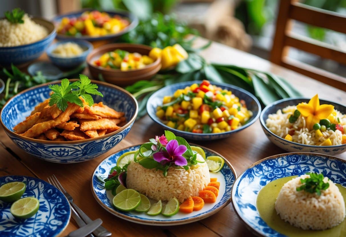 Mesa com pratos variados de comida brasileira começando com a letra I, incluindo isca de peixe e iguarias, em um ambiente bem iluminado.