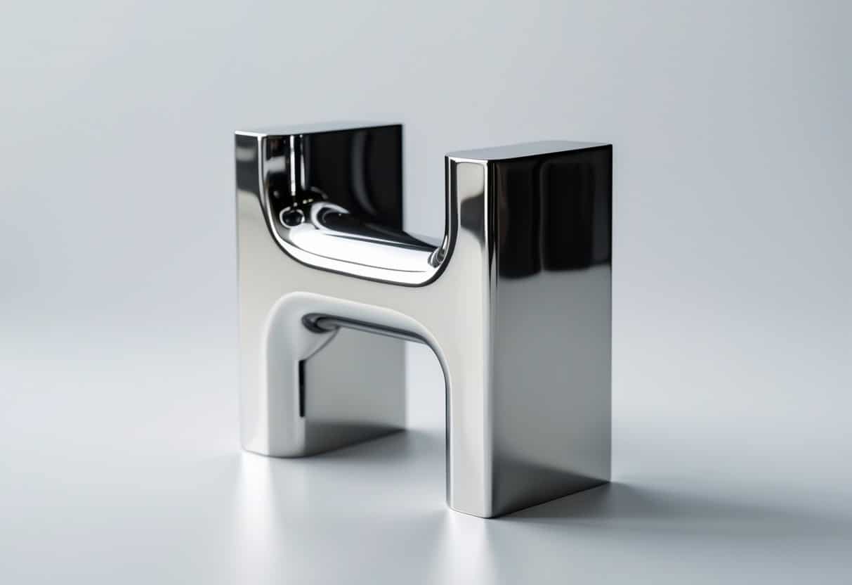 Objeto metálico em forma da letra H sobre fundo branco.