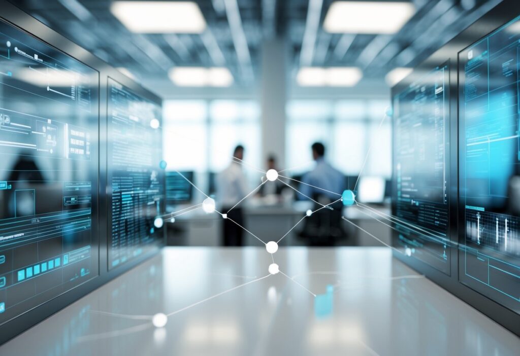 Ambiente de escritório moderno com telas digitais mostrando conexões de rede e pessoas trabalhando ao fundo.