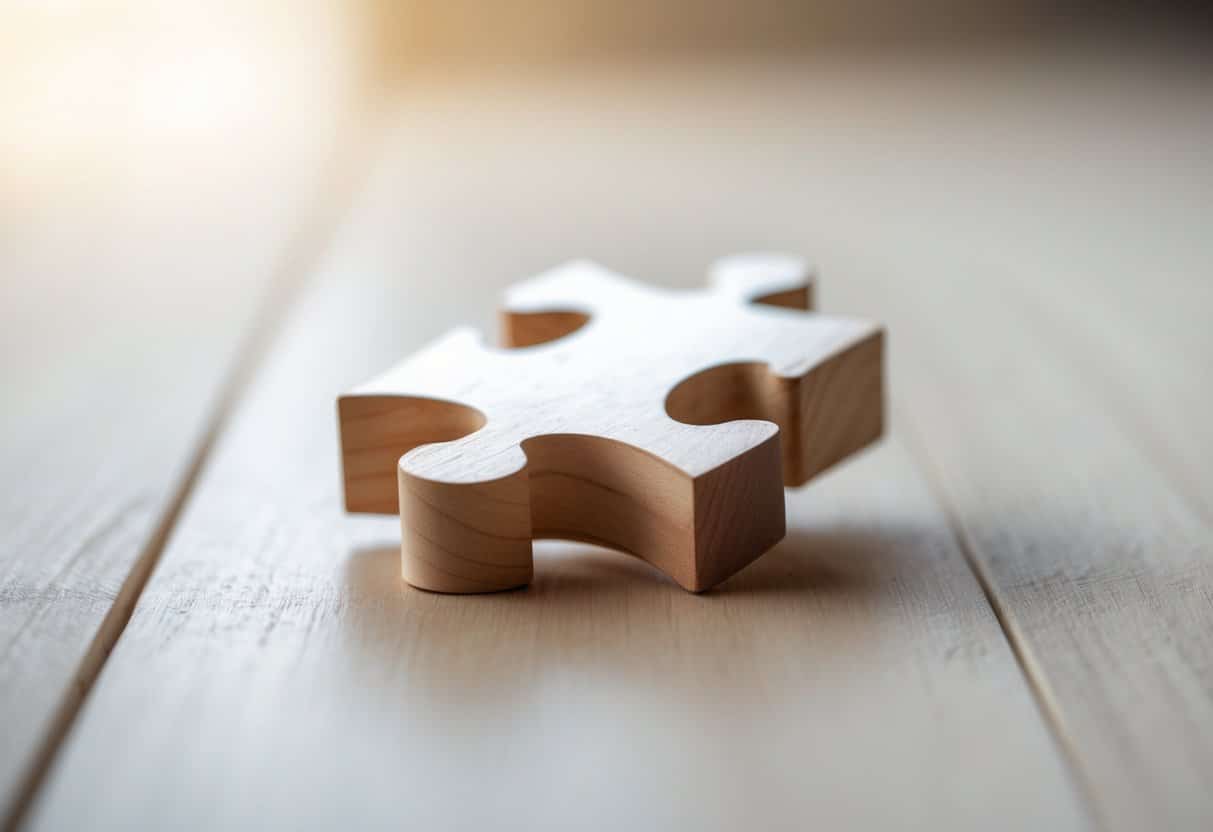 Peça de quebra-cabeça de madeira sobre uma superfície de madeira clara.