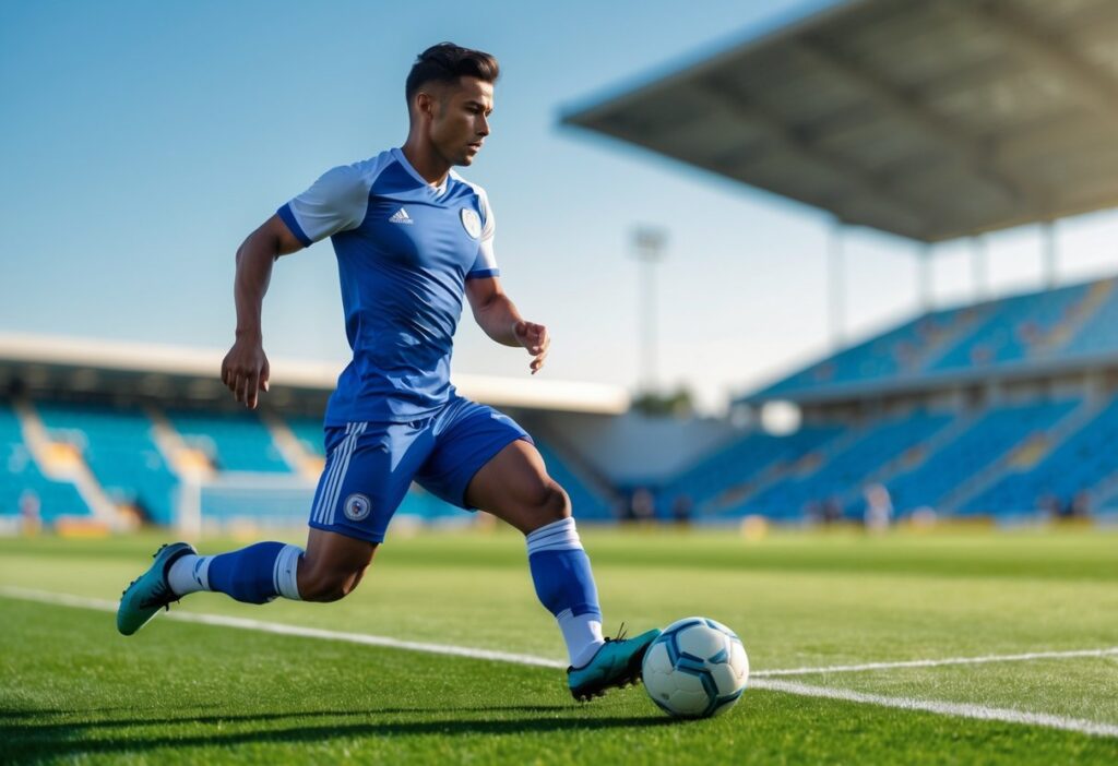 Jogador de futebol masculino correndo com a bola em um campo verde durante o dia.