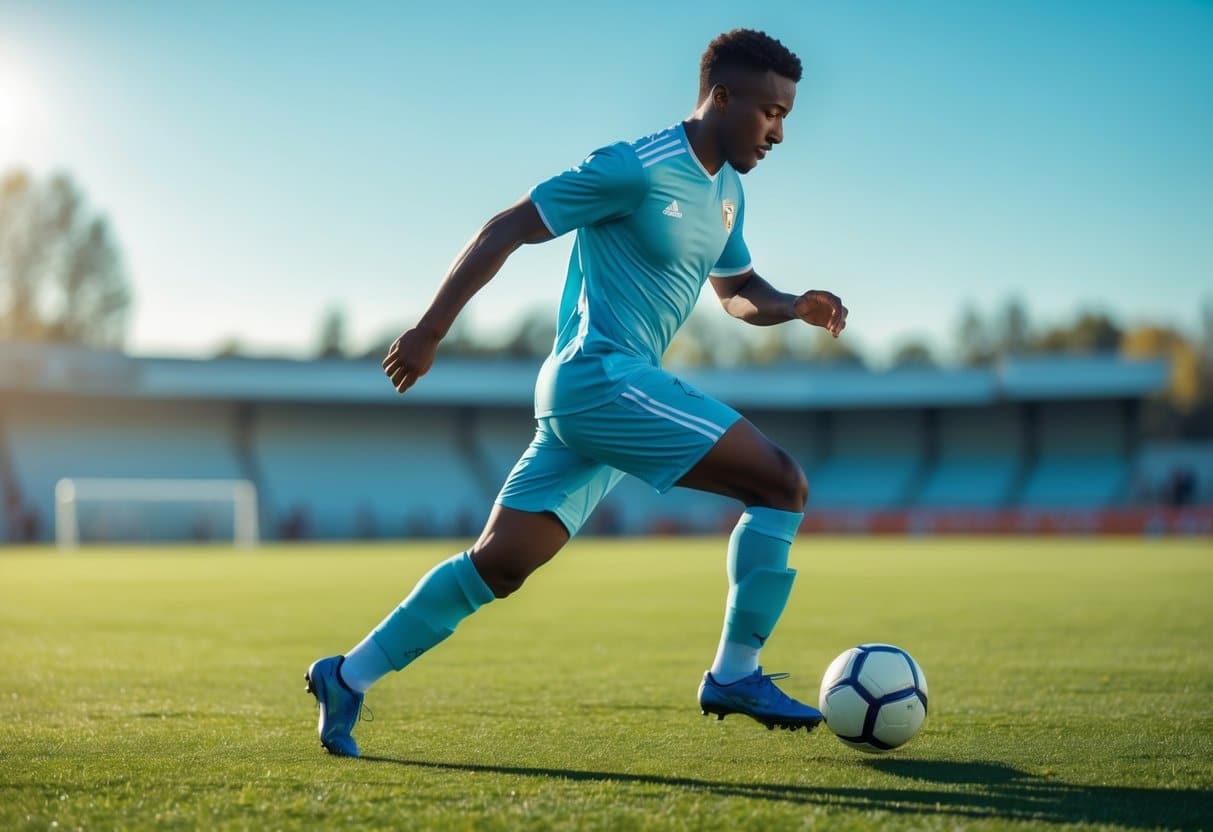 Jogador de futebol masculino driblando a bola em um campo verde durante o dia.