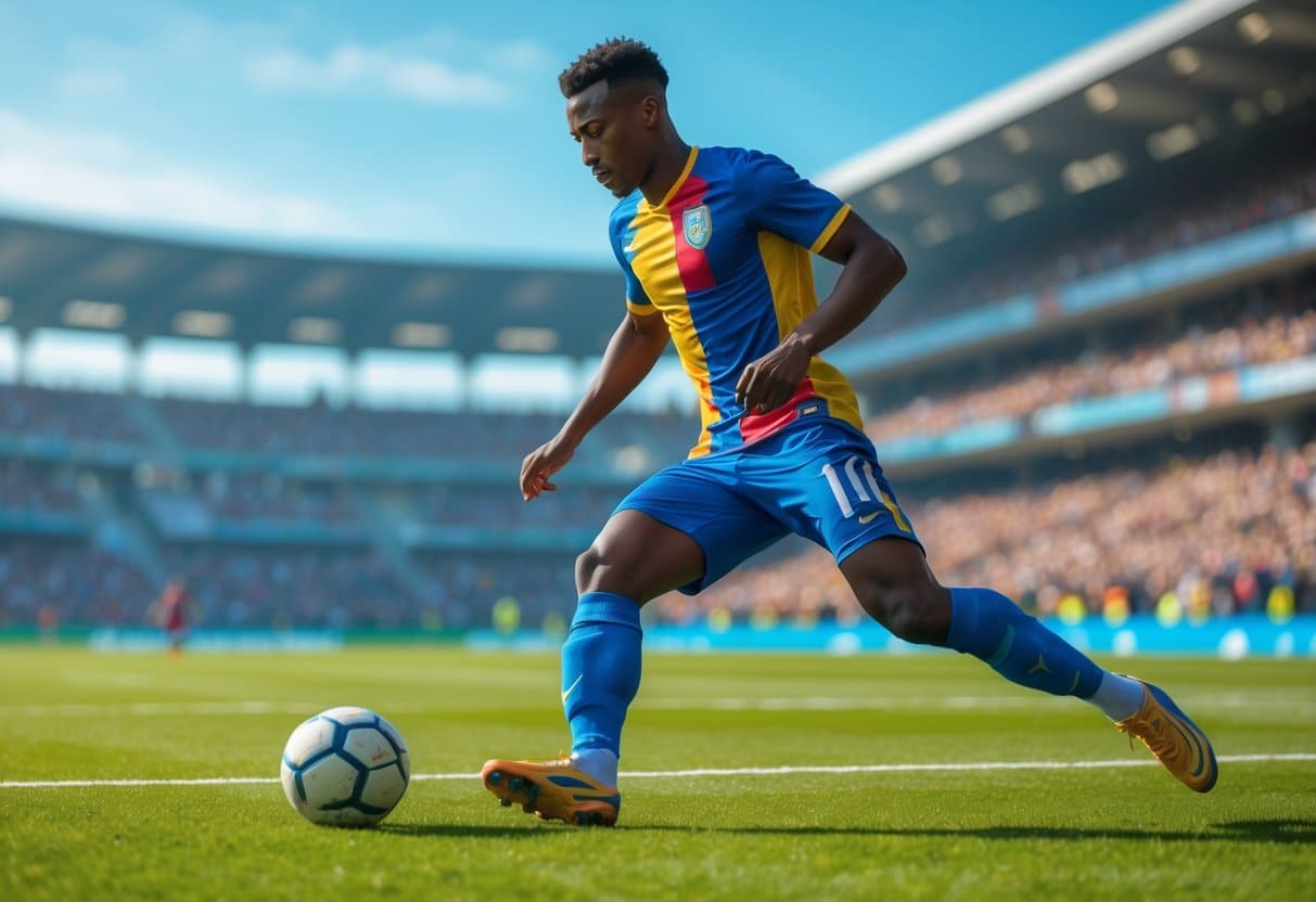 Jogador de futebol masculino em ação controlando a bola em um campo verde durante o dia.