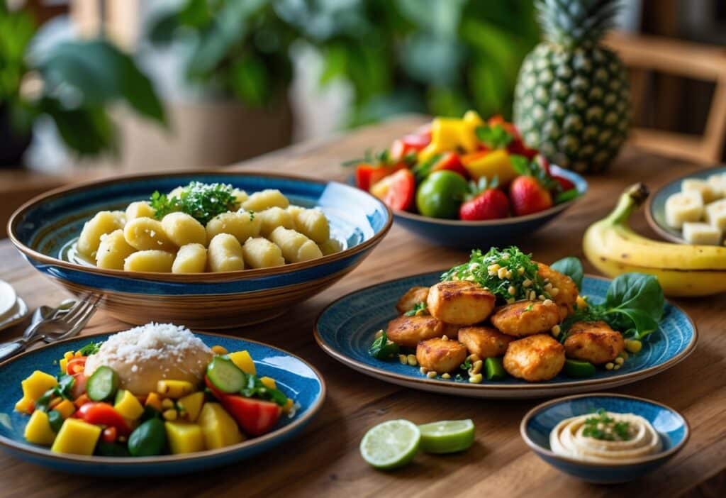 Mesa com pratos variados de comida brasileira começando com a letra N, incluindo nhoque, nuggets de frango e nutella com frutas.