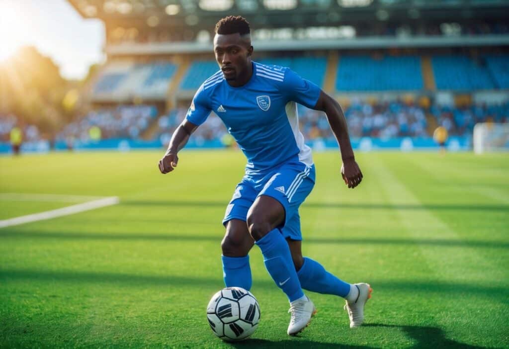Jogador de futebol masculino driblando uma bola em campo durante o dia.