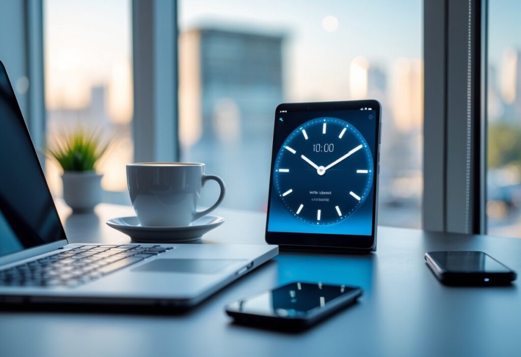 Mesa de escritório moderna com relógio digital, laptop, smartphone e uma xícara de café.