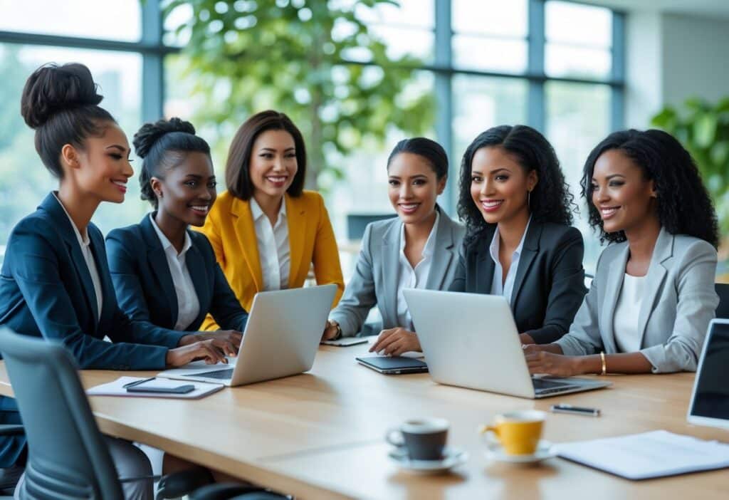 Mulheres diversas trabalhando juntas em um escritório moderno, sentadas em volta de uma mesa de reunião com laptops e materiais de trabalho.