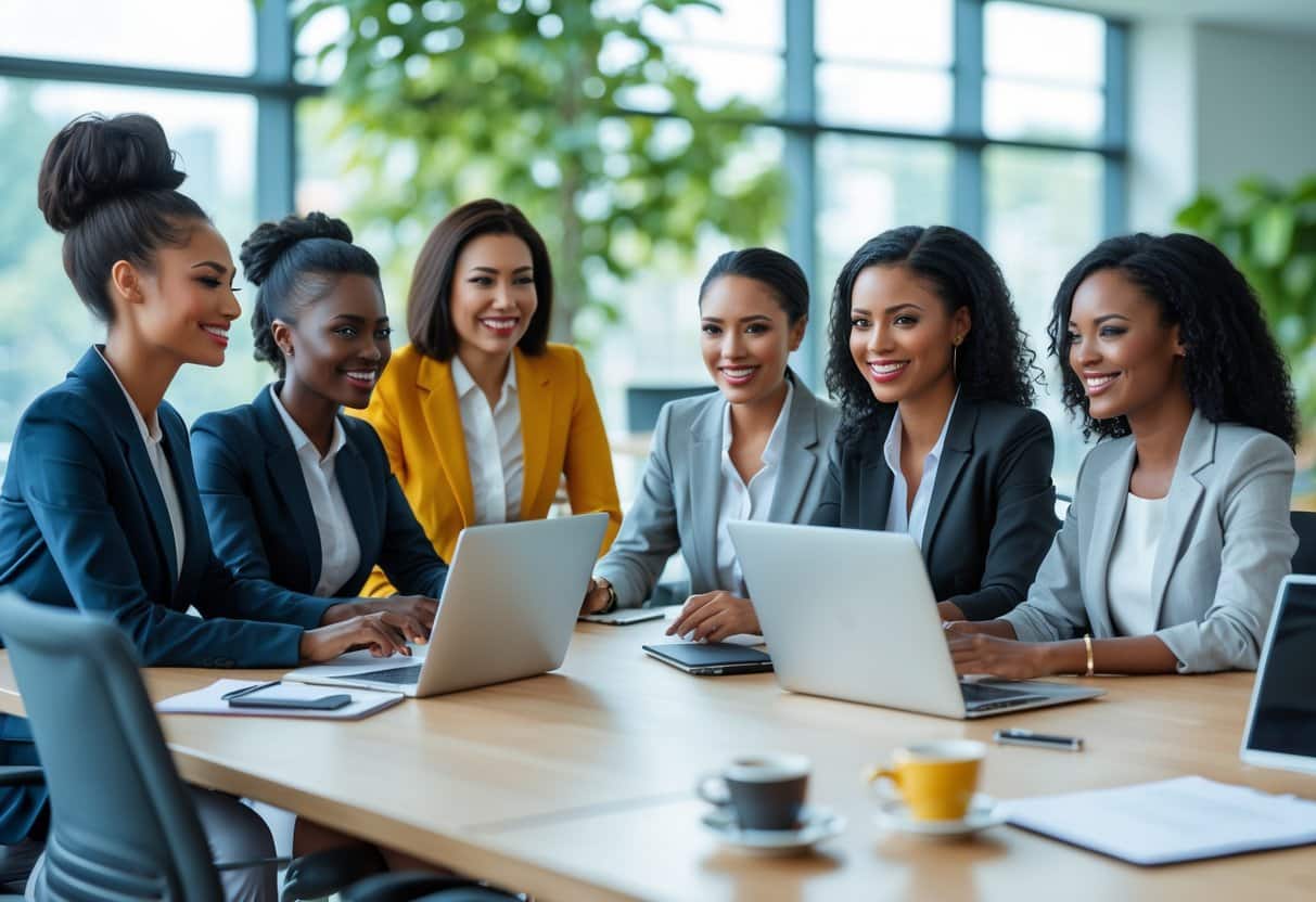 Mulheres diversas trabalhando juntas em um escritório moderno, sentadas em volta de uma mesa de reunião com laptops e materiais de trabalho.
