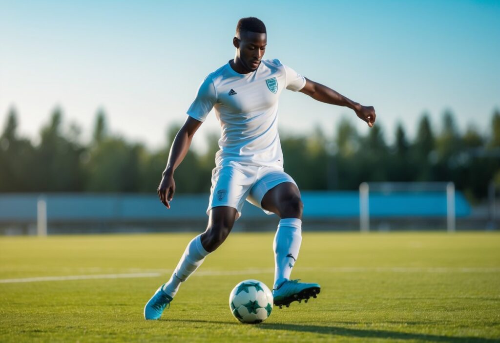 Jogador de futebol masculino em campo verde, prestes a chutar a bola durante o dia.