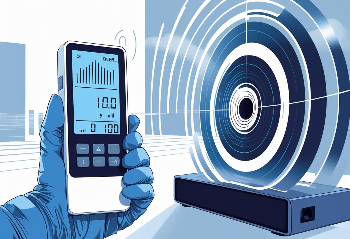 Um medidor de nível de som digital próximo a um alto-falante emitindo ondas sonoras visíveis, com uma mão segurando o aparelho em um ambiente urbano ao fundo.
