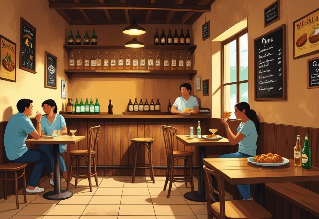 Interior de um botequim pequeno e modesto com mesas e cadeiras de madeira, balcão simples com garrafas, pessoas conversando e petiscos tradicionais sobre a mesa.