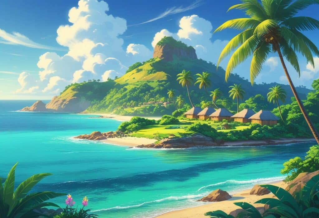 Ilha tropical próxima à África com vegetação, casas tradicionais e mar azul ao redor.