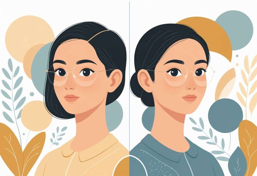 Duas figuras humanas lado a lado com semelhanças e pequenas diferenças em suas características e roupas.