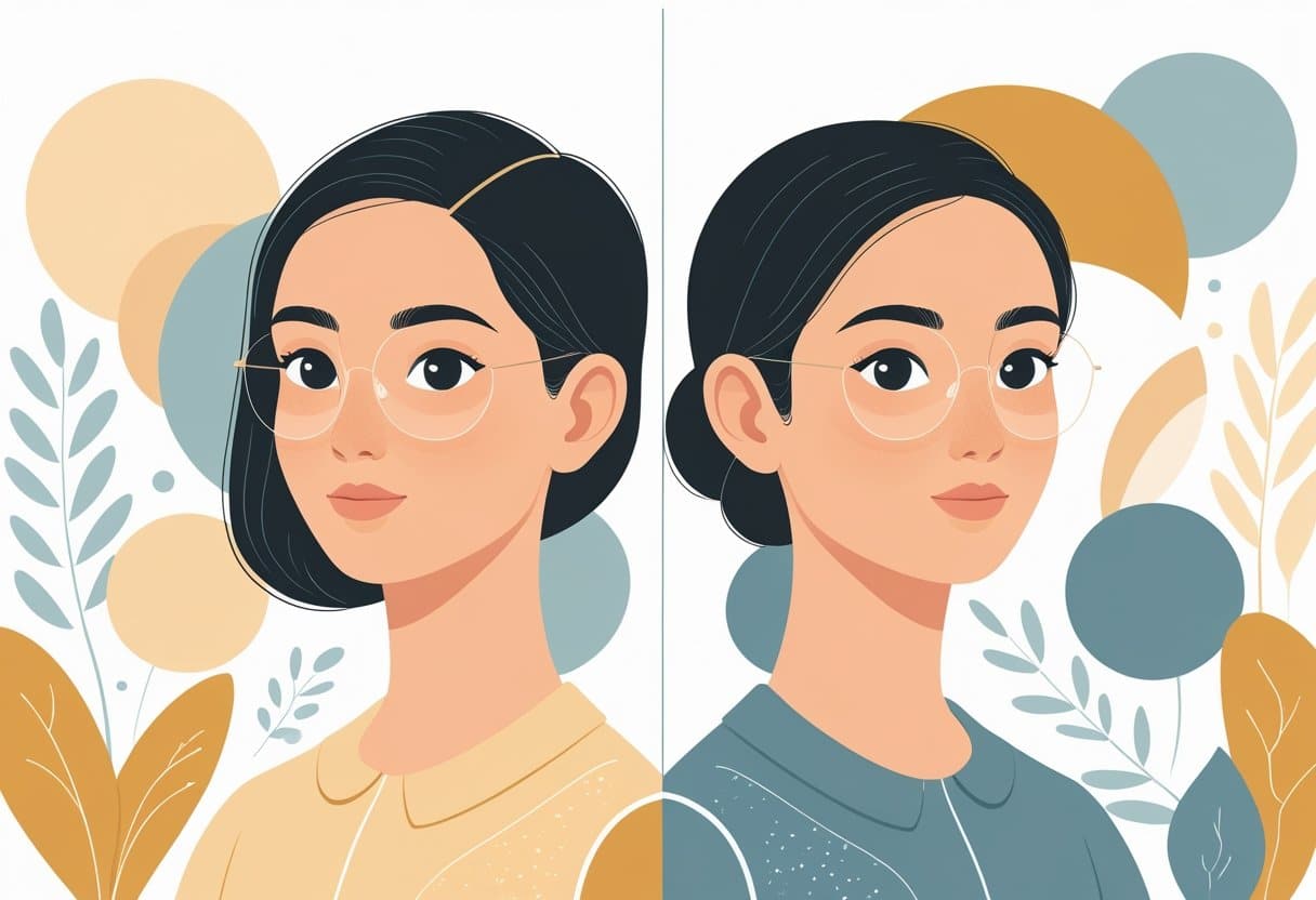 Duas figuras humanas lado a lado com semelhanças e pequenas diferenças em suas características e roupas.