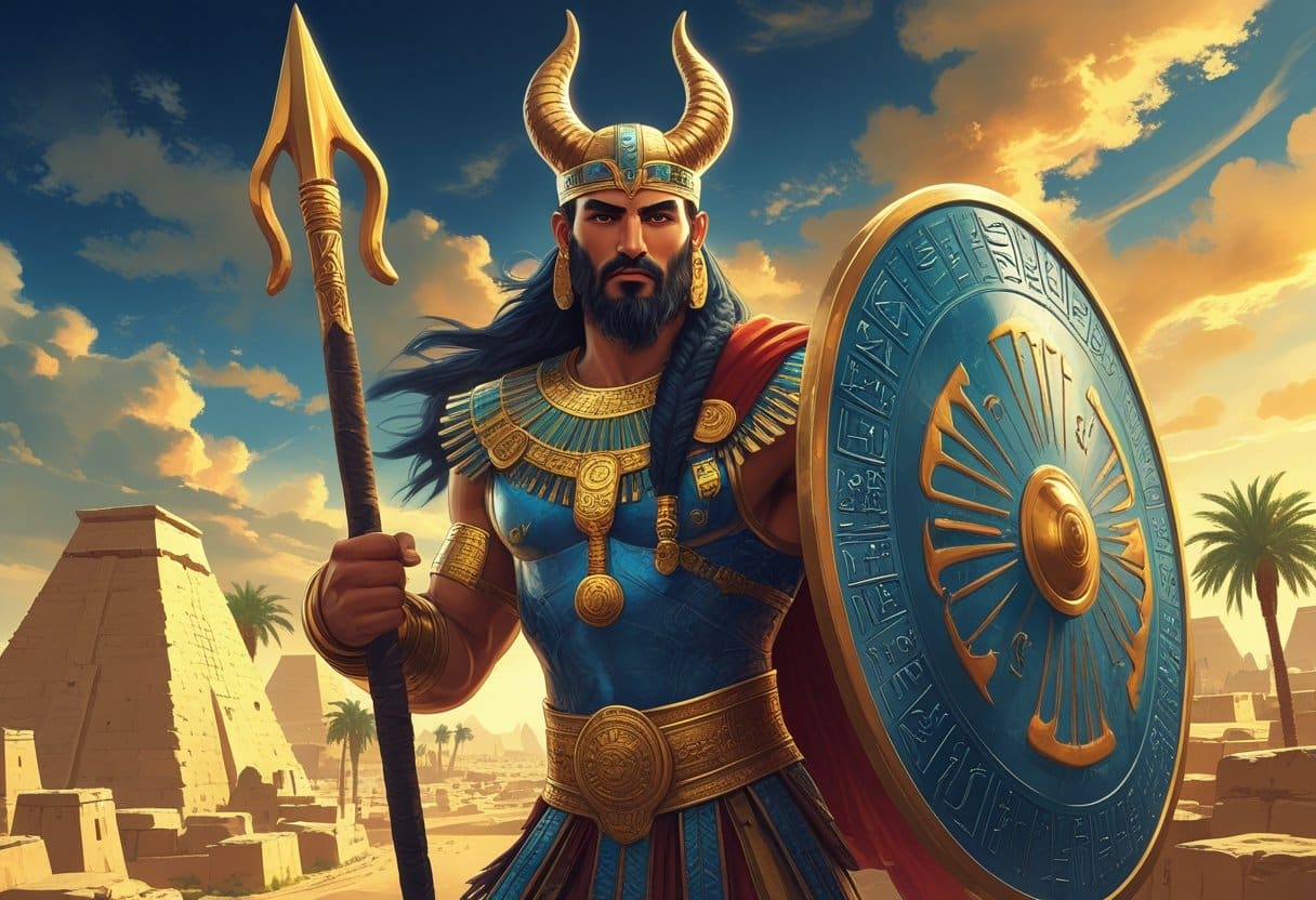 Deus guerreiro mesopotâmico com armadura antiga, capacete com chifres, segurando uma lança e escudo, com uma cidade antiga ao fundo.