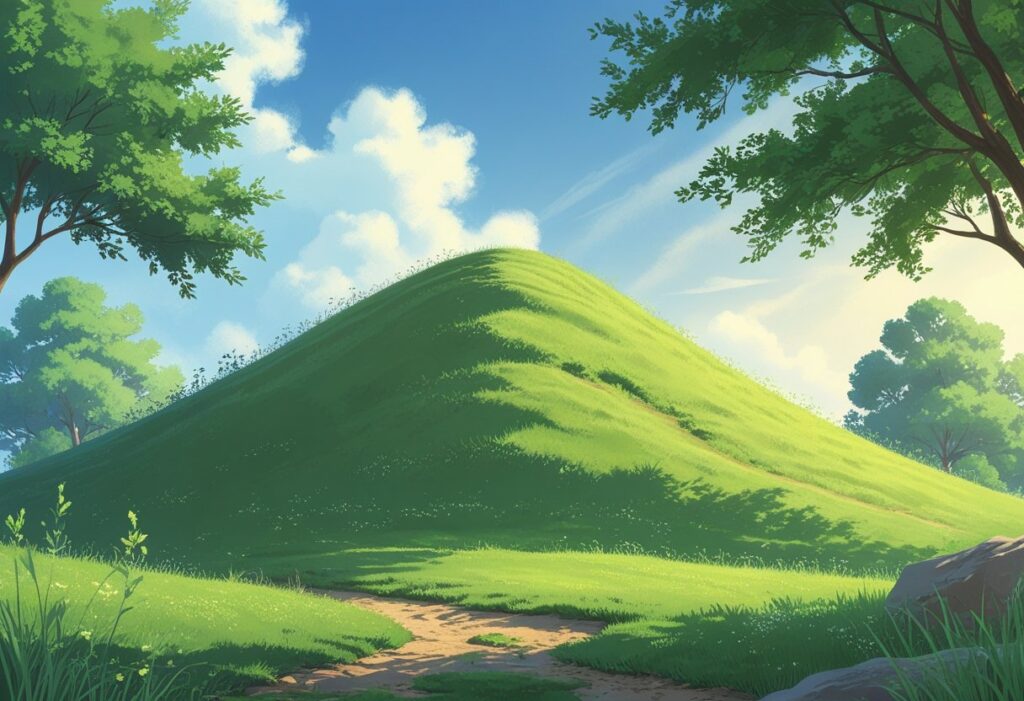 Uma pequena elevação natural de terra coberta por grama verde, com algumas árvores ao redor e céu azul ao fundo.