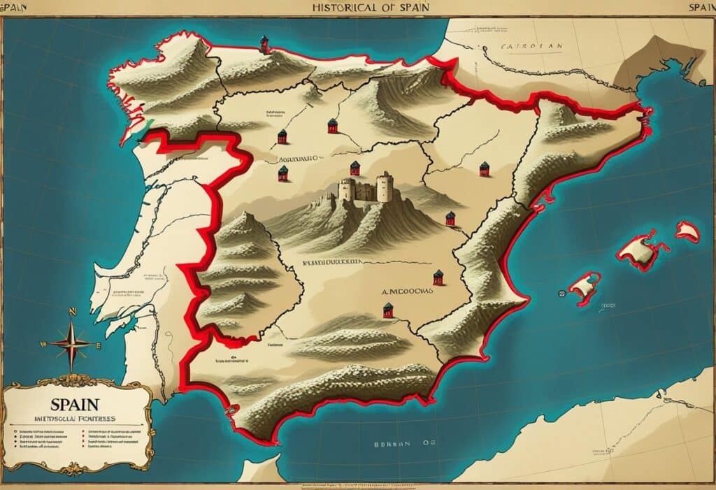 Mapa detalhado da Espanha mostrando a localização de várias fortalezas marcadas com ícones de castelos, com relevo de montanhas e rios.