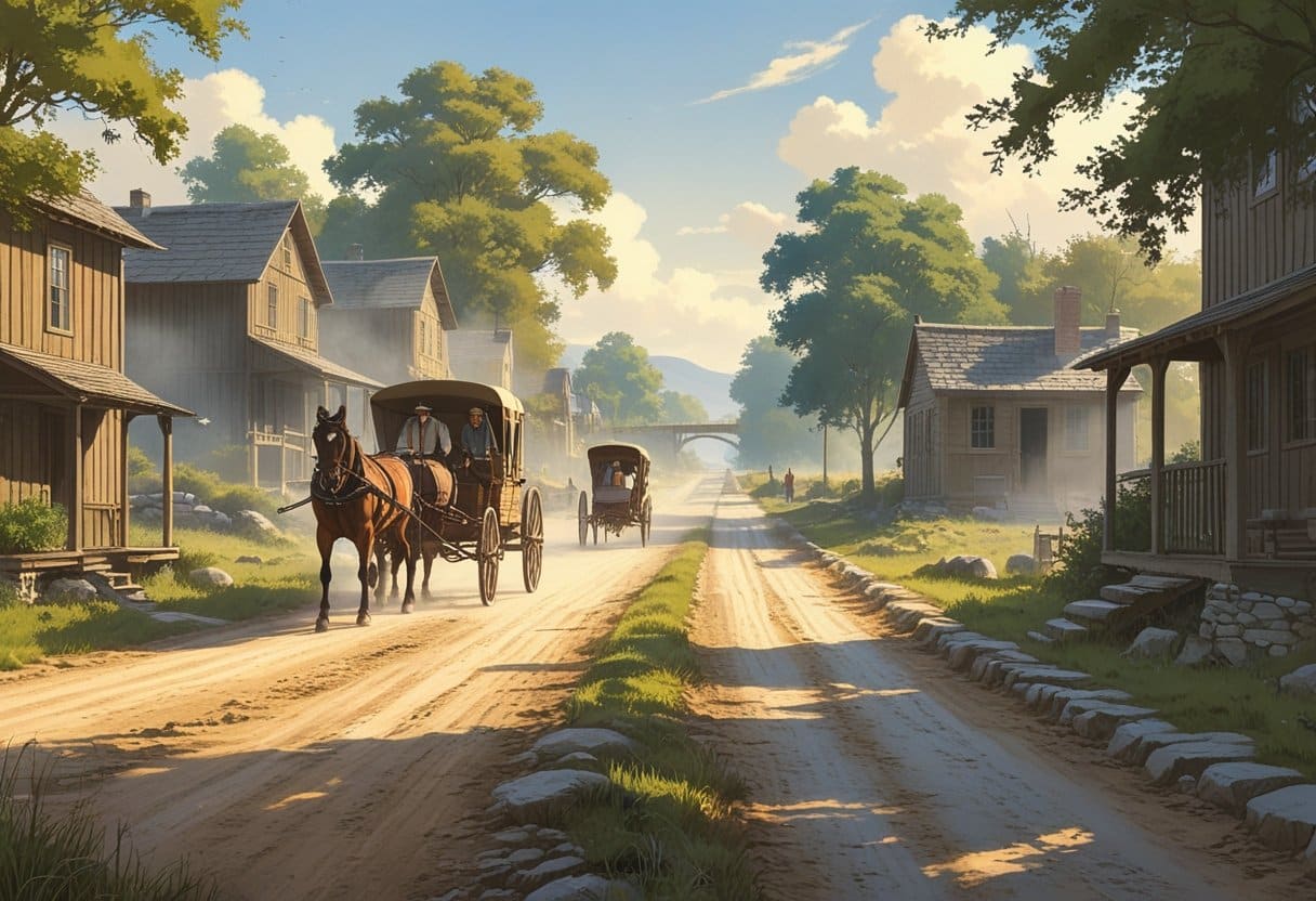 Cena mostrando uma estrada de terra com carruagens puxadas por cavalos e pessoas caminhando em uma vila antiga antes do uso do asfalto.