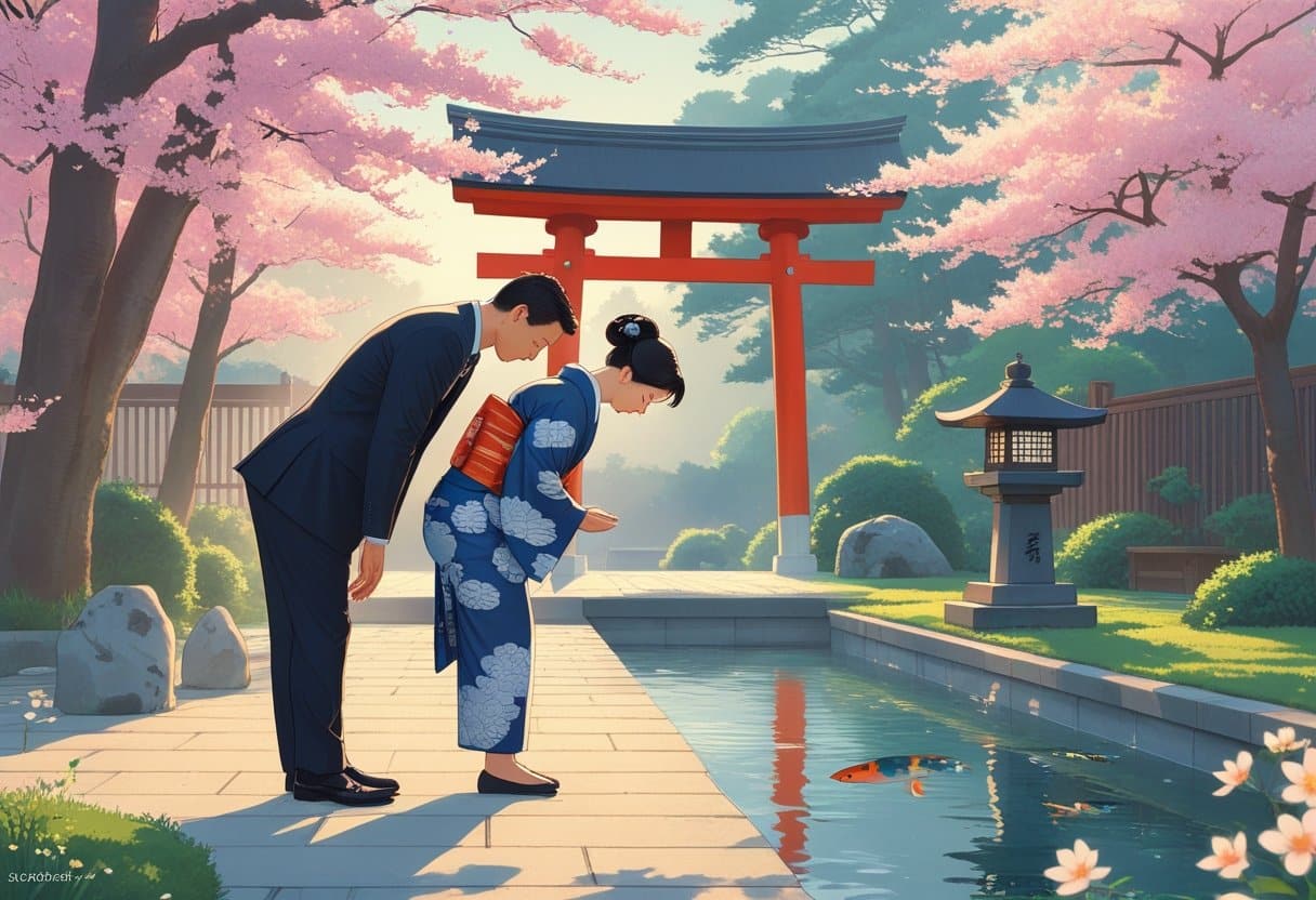 Duas pessoas se despedindo com uma reverência em um jardim japonês com árvores de cerejeira, um portão torii vermelho e um lago com carpas.