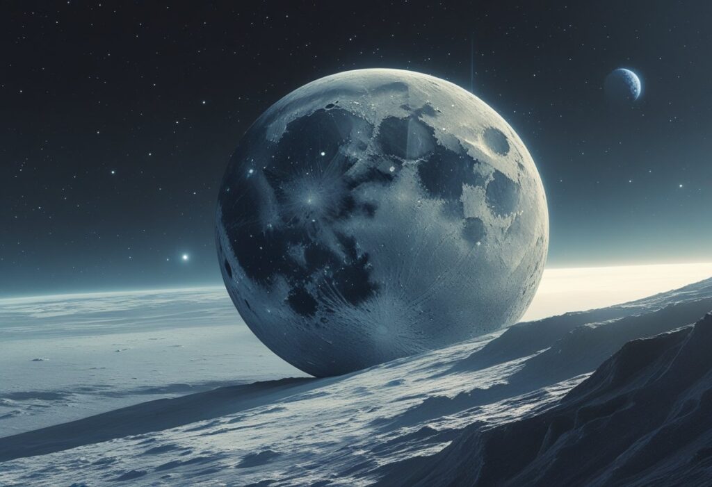 Ilustração da maior lua de Plutão, mostrando sua superfície acidentada com crateras e planícies de gelo, com Plutão ao fundo no espaço.