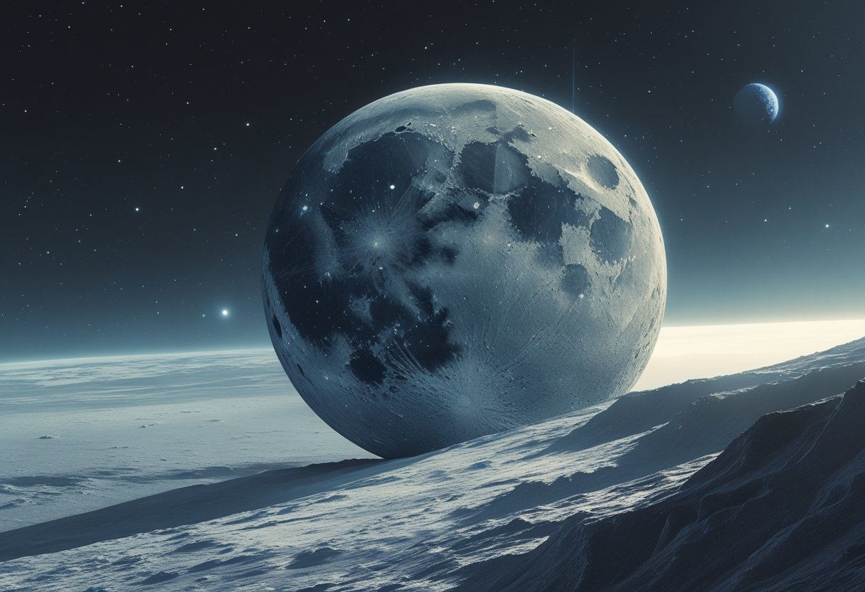 Ilustração da maior lua de Plutão, mostrando sua superfície acidentada com crateras e planícies de gelo, com Plutão ao fundo no espaço.