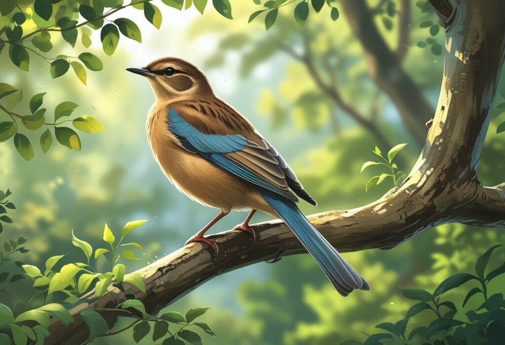 Um pássaro saudável empoleirado em um galho de árvore em uma floresta verde e iluminada pelo sol.