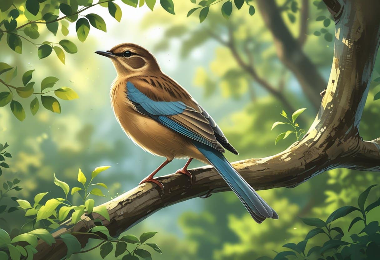 Um pássaro saudável empoleirado em um galho de árvore em uma floresta verde e iluminada pelo sol.