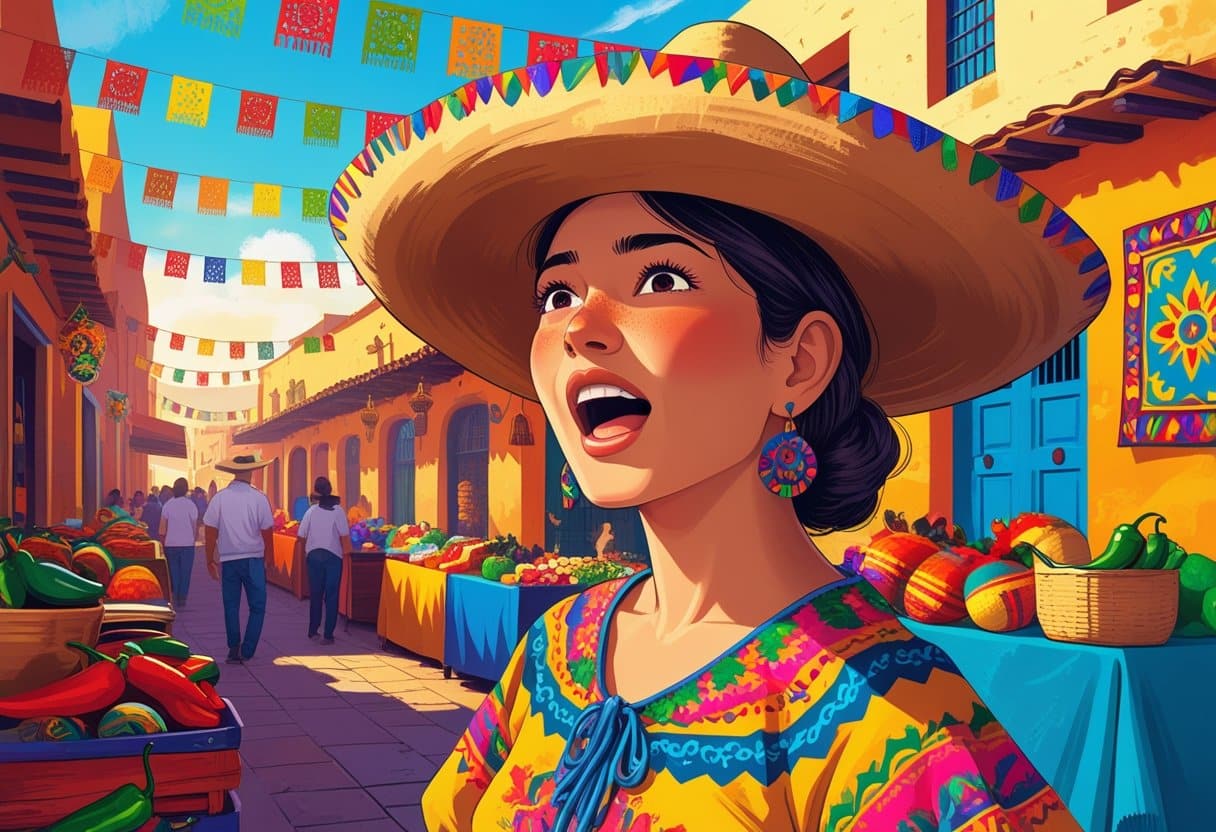 Pessoa expressando surpresa em um mercado mexicano colorido com barracas e decorações tradicionais ao fundo.