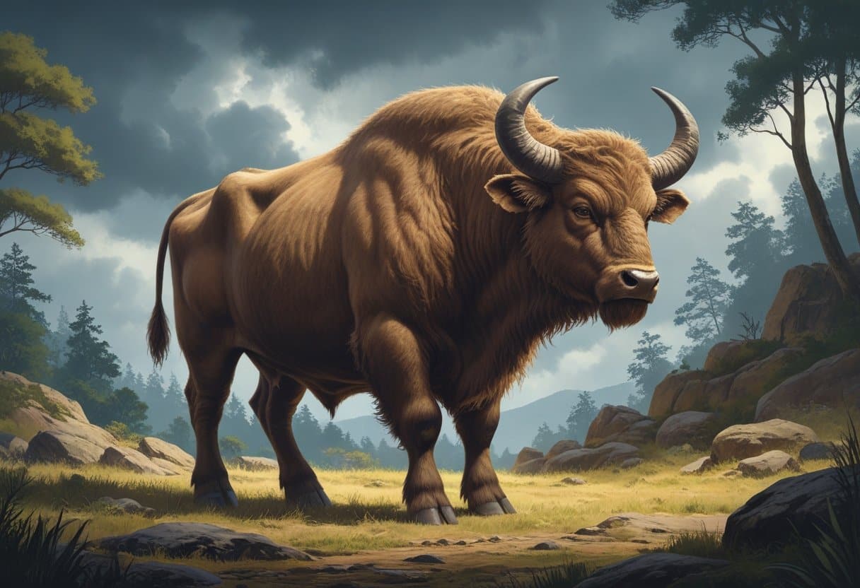 Um boi selvagem extinto em pé em um ambiente natural com floresta densa e terreno rochoso ao fundo.