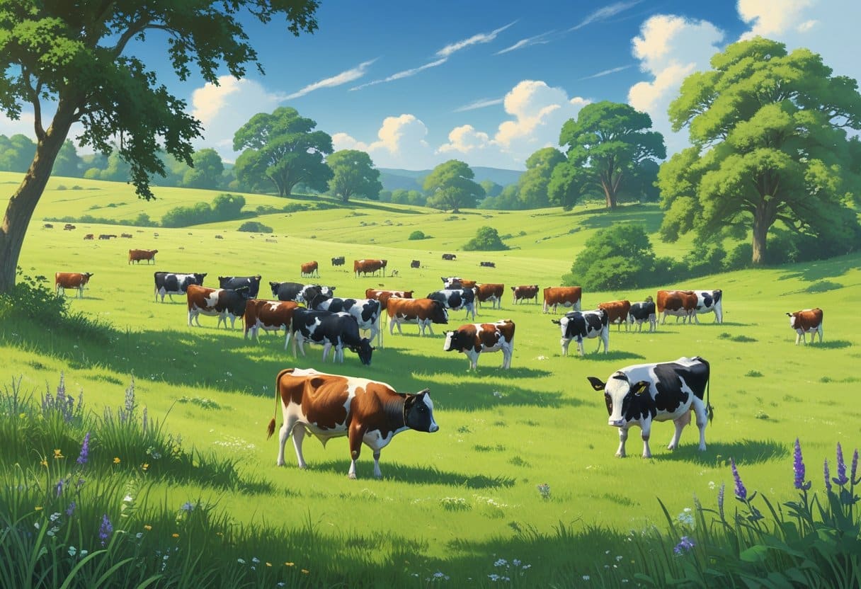 Um rebanho pequeno de gado pastando em um campo verde com árvores ao fundo.