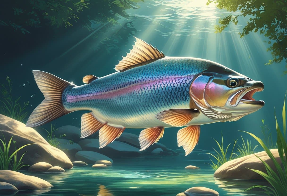 Peixe grande da América do Norte nadando em um rio de água clara com plantas aquáticas e pedras ao redor.