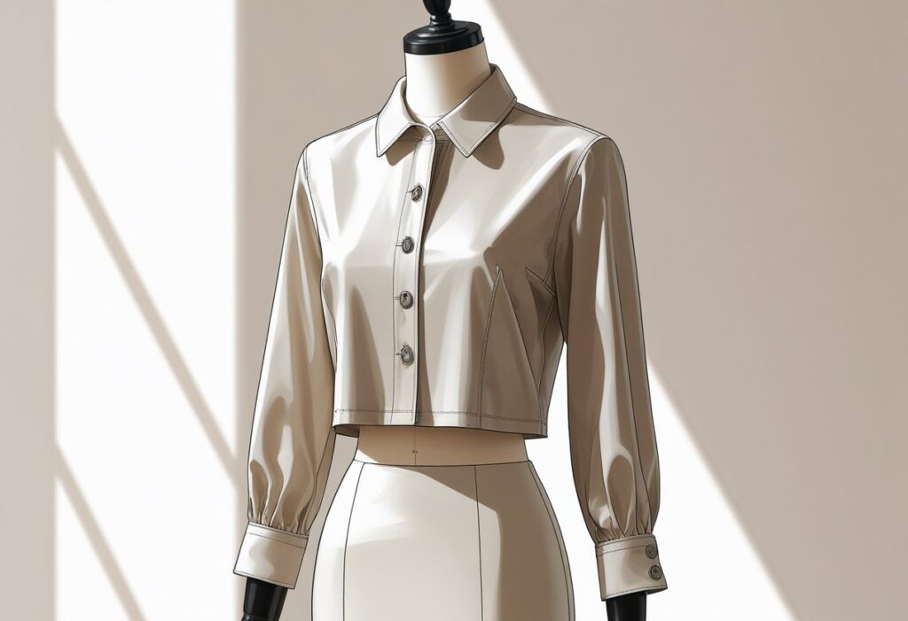 Blusa curta tipo jaqueta exibida em um manequim com gola estruturada, mangas longas e botões na frente.
