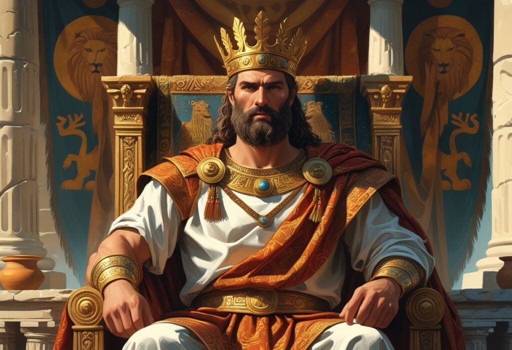 Rei de Micenas sentado em um trono ornamentado, vestindo coroa e roupas reais, em um palácio antigo com pilares e decorações gregas.