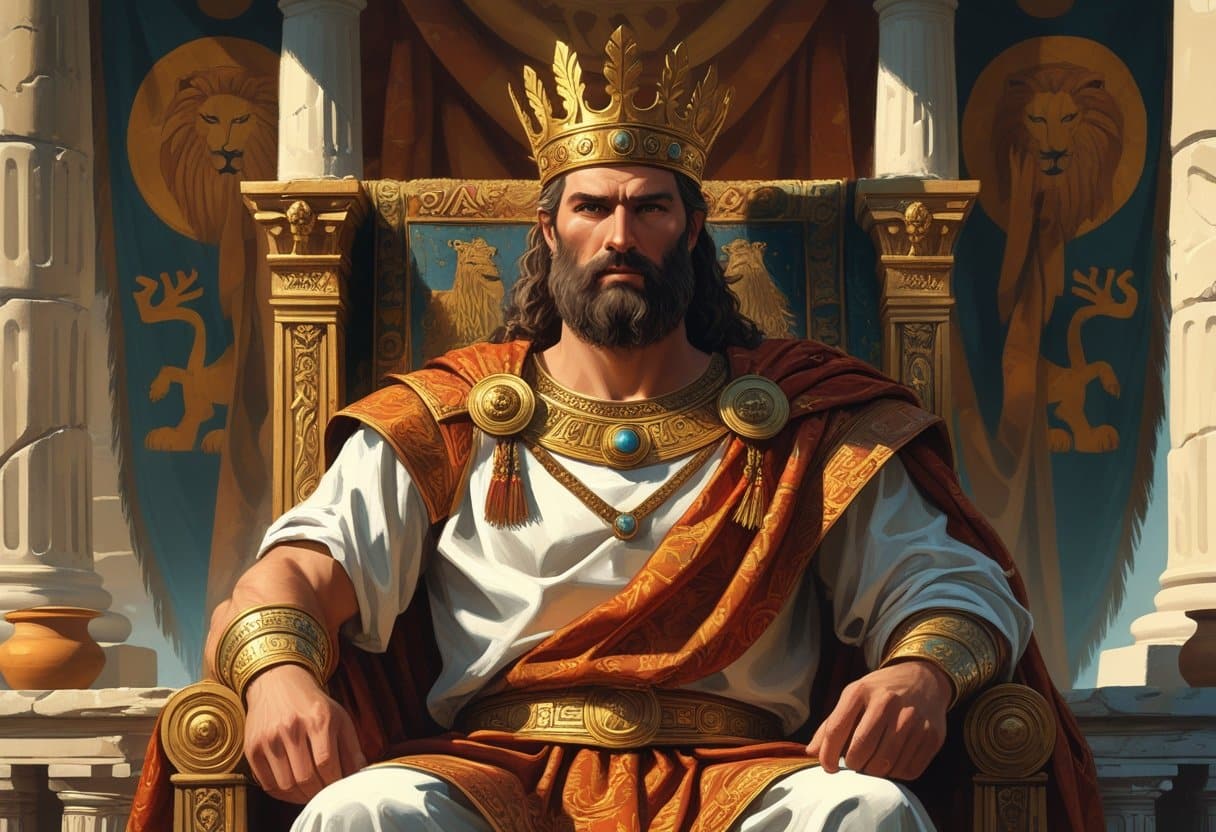 Rei de Micenas sentado em um trono ornamentado, vestindo coroa e roupas reais, em um palácio antigo com pilares e decorações gregas.