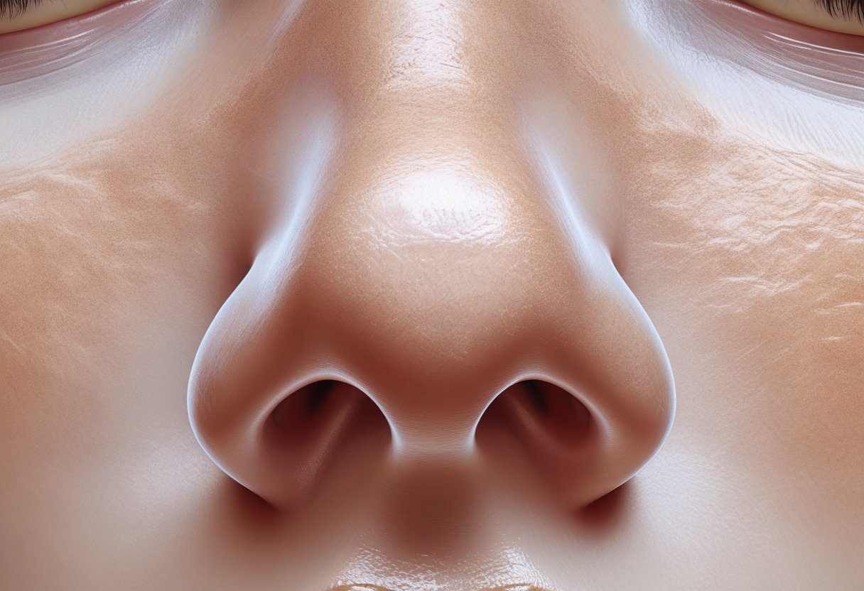 Ilustração detalhada da região que separa as narinas no nariz humano.