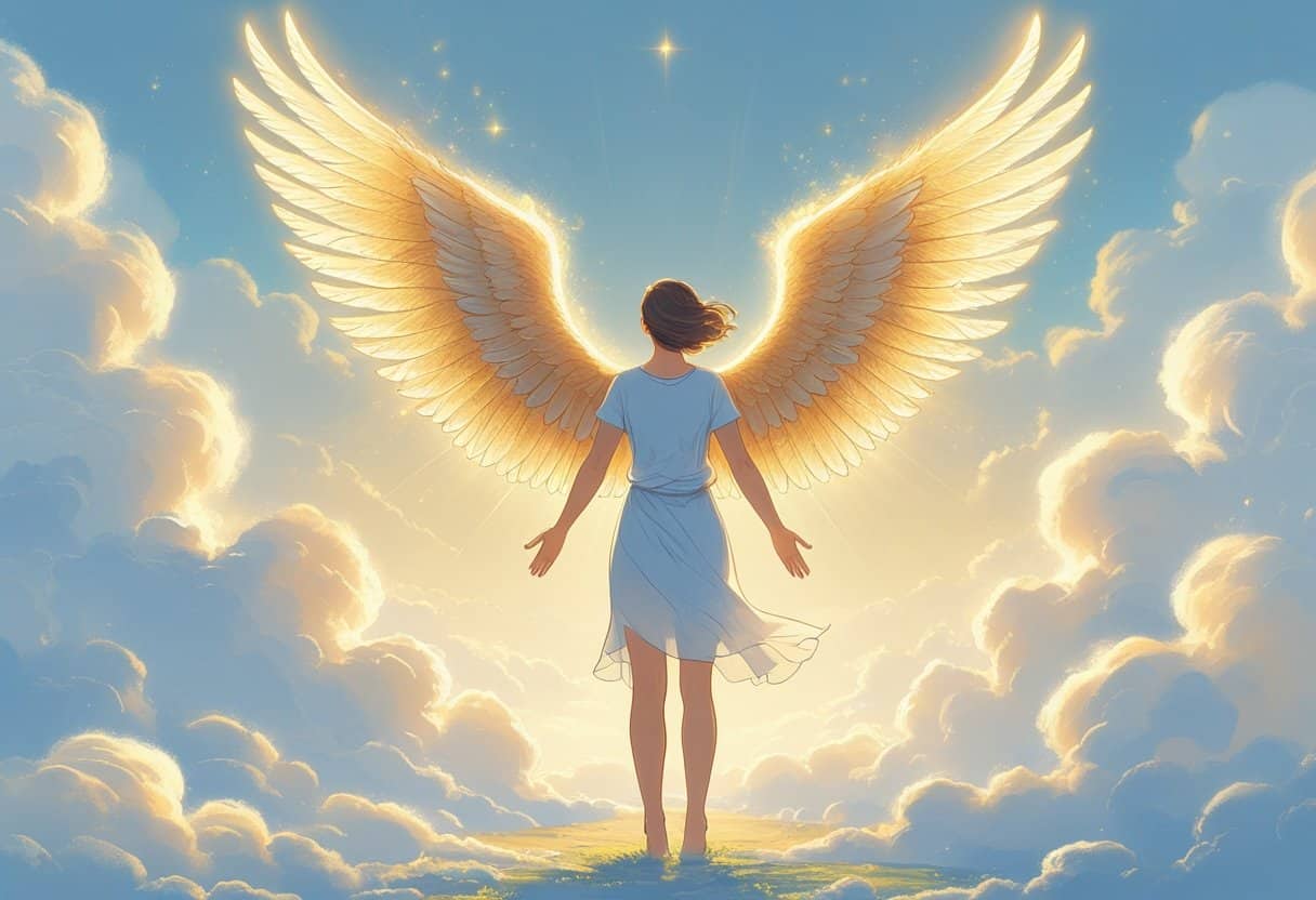Pessoa recebendo asas translúcidas e brilhantes, em um ambiente iluminado e inspirador.