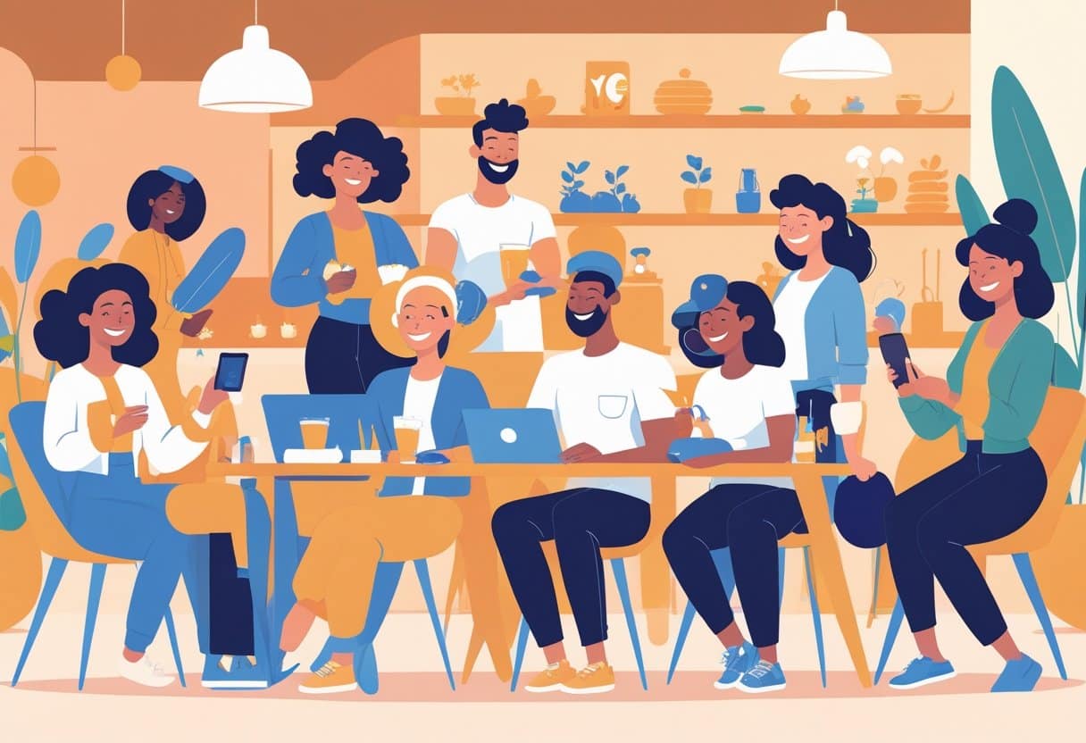 Pessoas diversas aproveitando diferentes atividades e serviços em um ambiente acolhedor e alegre.