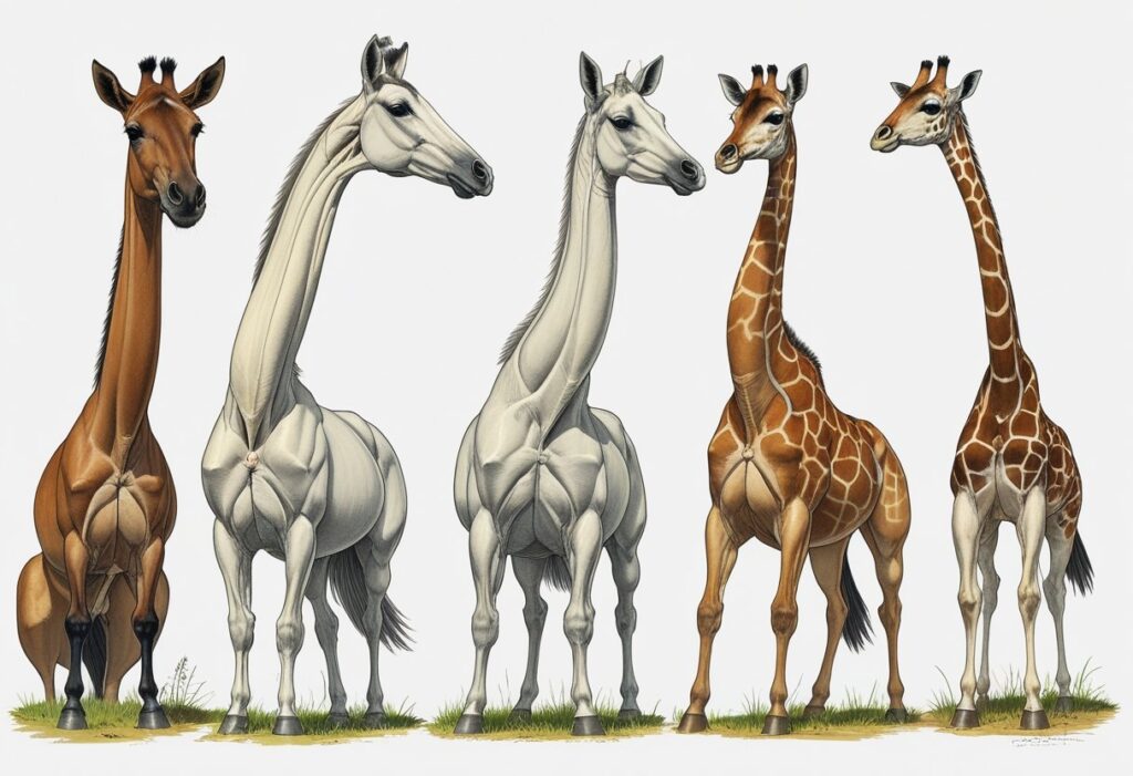 Ilustração mostrando a base do pescoço em diferentes animais, incluindo cavalo, pássaro, cachorro e girafa, vista lateral com detalhes anatômicos.