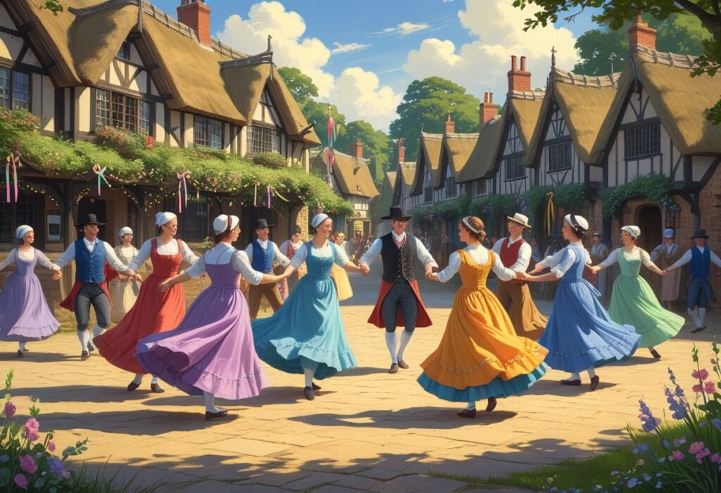 Pessoas vestidas com roupas tradicionais britânicas dançando em círculo em uma praça de vila antiga, com casas de madeira ao fundo.