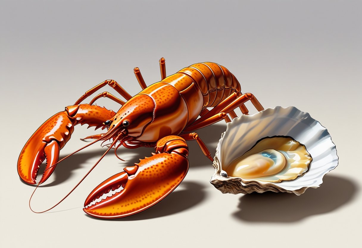 Ilustração detalhada de um lagosta e uma ostra aberta, mostrando os detalhes e cores naturais dos frutos do mar comestíveis.