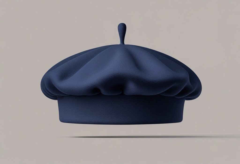 Ilustração detalhada de uma boina azul marinho sobre fundo neutro.