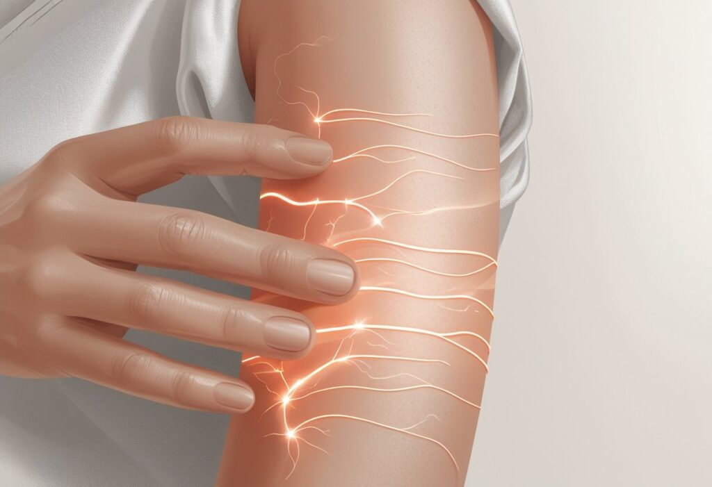 Braço humano com áreas destacadas mostrando sensações de formigamento e coceira na pele.