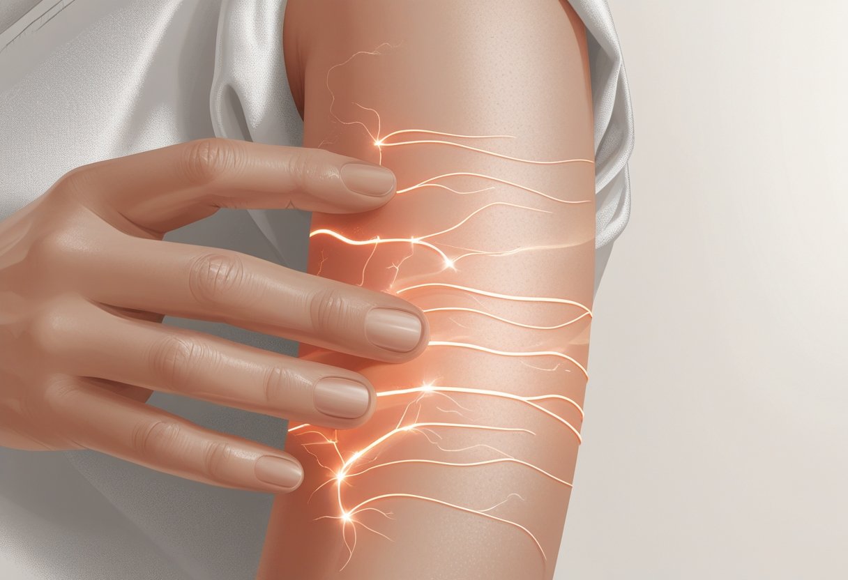 Braço humano com áreas destacadas mostrando sensações de formigamento e coceira na pele.