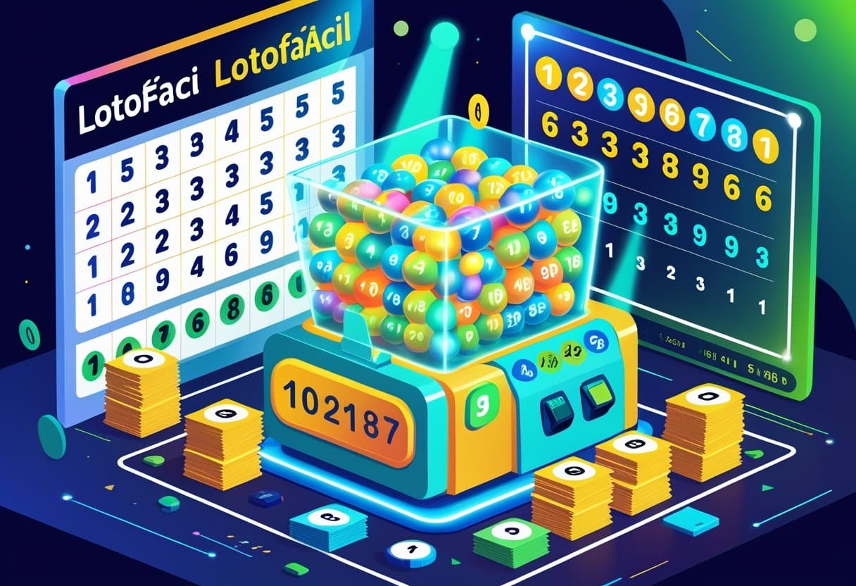 Ilustração de uma máquina de loteria com bolas numeradas destacadas, tickets e gráficos mostrando os números mais sorteados da Lotofácil.