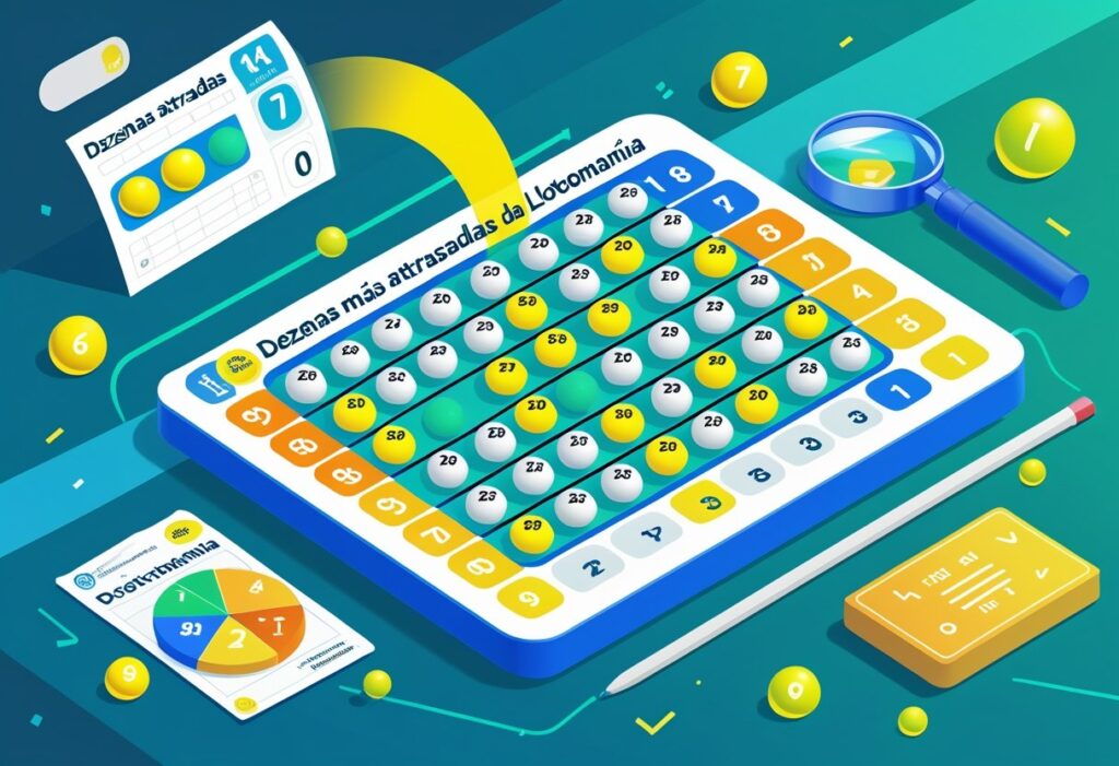 Ilustração mostrando uma cena de loteria com várias bolas numeradas, algumas destacadas para representar os números mais atrasados da Lotomania, com elementos como um bilhete de loteria e uma lupa.