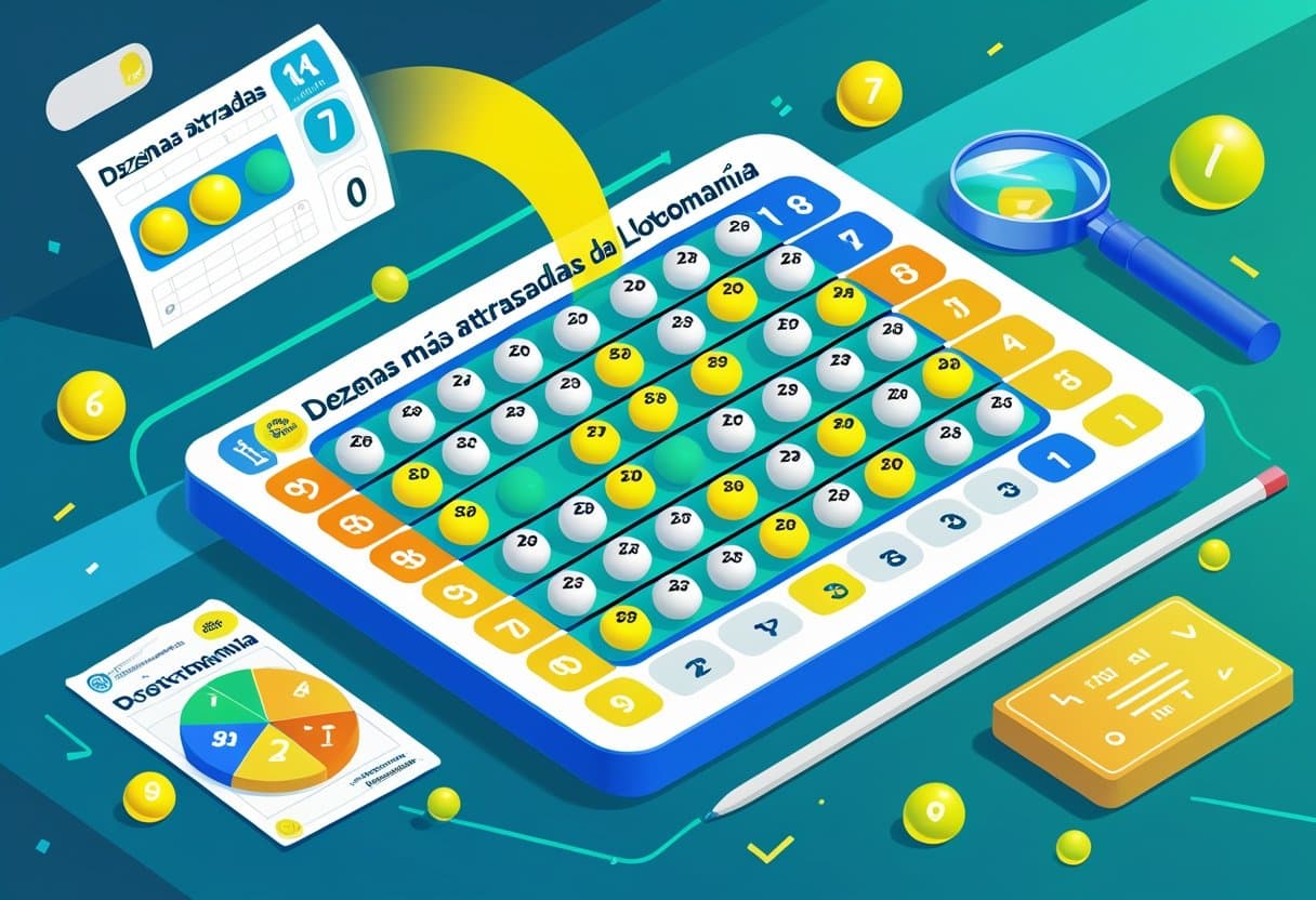Ilustração mostrando uma cena de loteria com várias bolas numeradas, algumas destacadas para representar os números mais atrasados da Lotomania, com elementos como um bilhete de loteria e uma lupa.