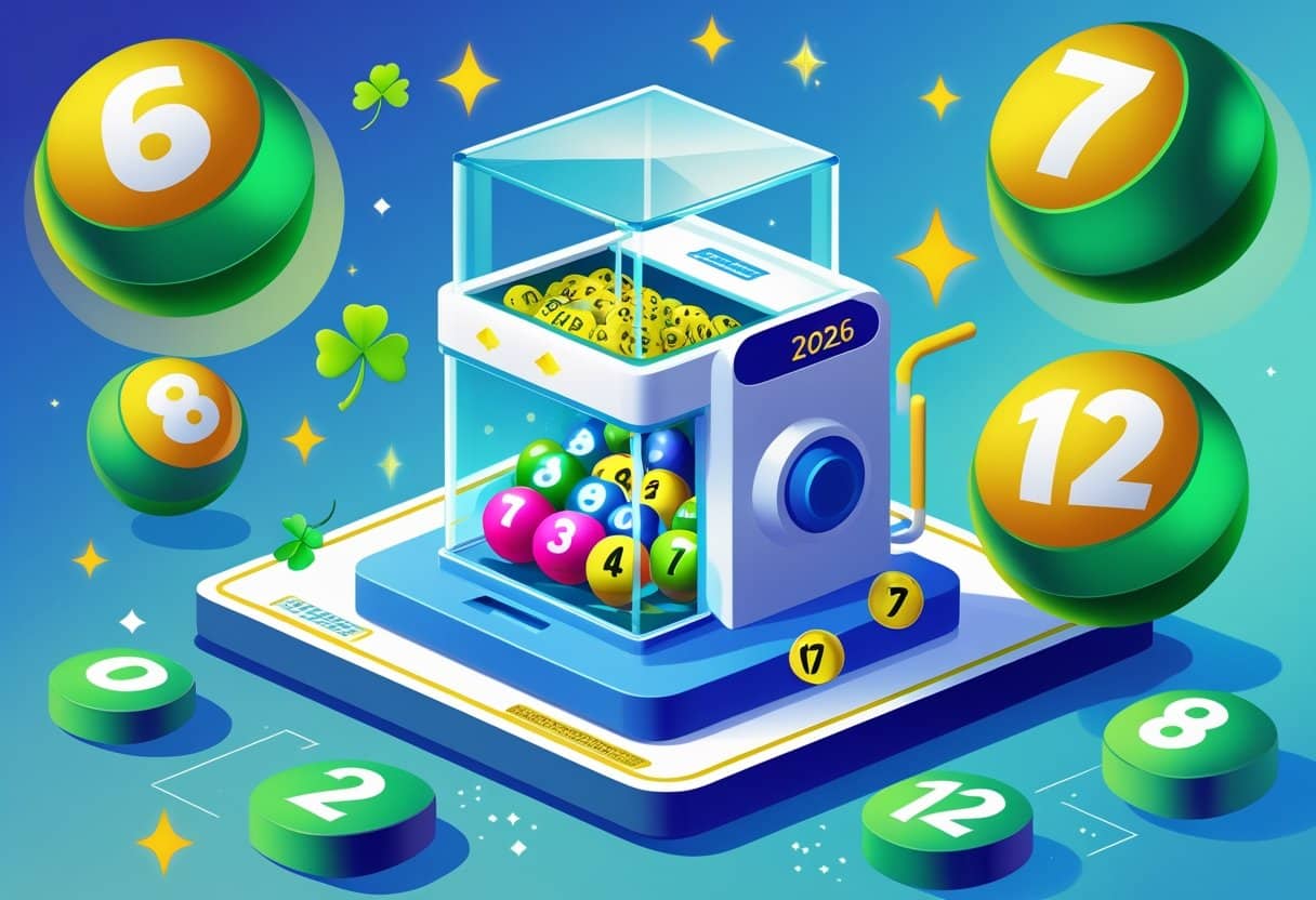 Máquina de loteria transparente com bolas numeradas coloridas ao redor, representando os números mais sorteados da Mega-Sena 2026.