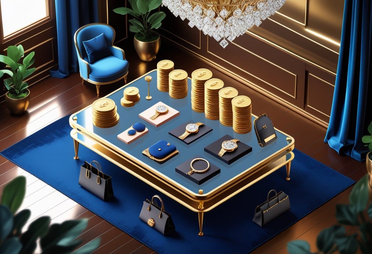 Mesa elegante com itens de luxo como moedas de ouro, diamantes, relógios caros e bolsas de grife em uma sala sofisticada.