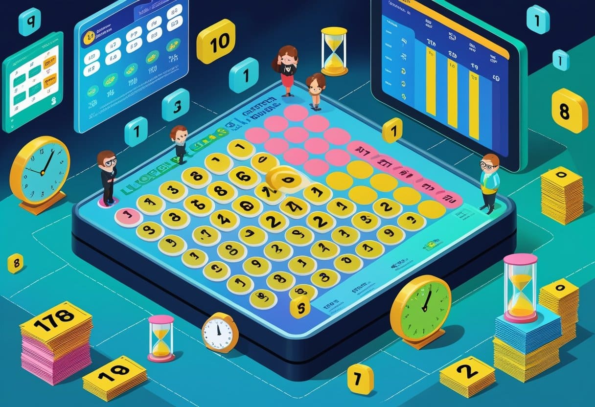 Ilustração mostrando um tabuleiro de loteria com números destacados para indicar os que estão mais atrasados, rodeado por elementos que representam a passagem do tempo, como relógios e calendários.