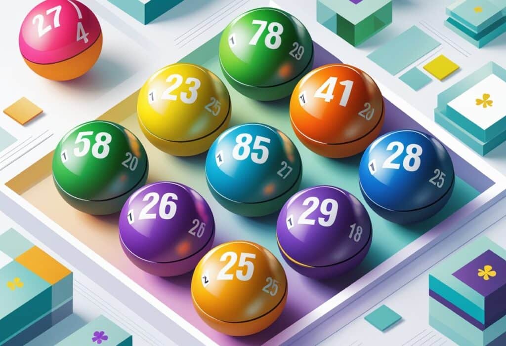 Ilustração mostrando dezoito bolas numeradas coloridas organizadas em uma grade, representando os números mais sorteados em uma loteria.